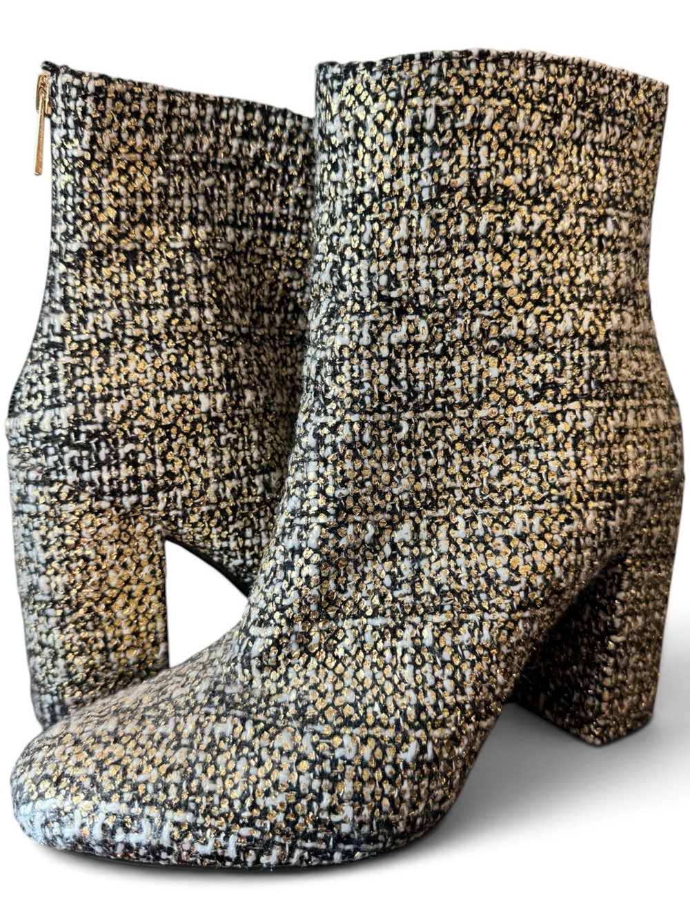 Jessica Simpson Black and Gold Tweed Block Heel Ankle Boots